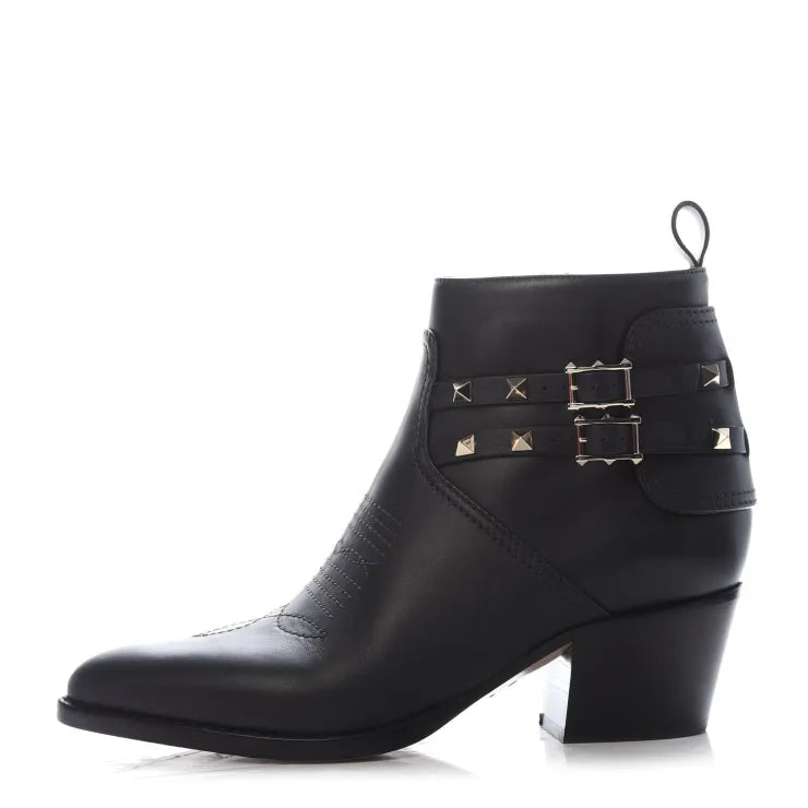 Valentino Garavani Calfskin Rockstud Double Buckle 50mm Cowboy Ankle Boots 38 Black