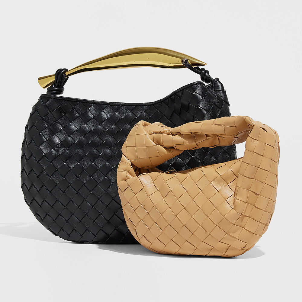 this is a studio image by FASHIONPHILE of a black bottega veneta sardine bag next to a beige Bottega Veneta Jodie bag