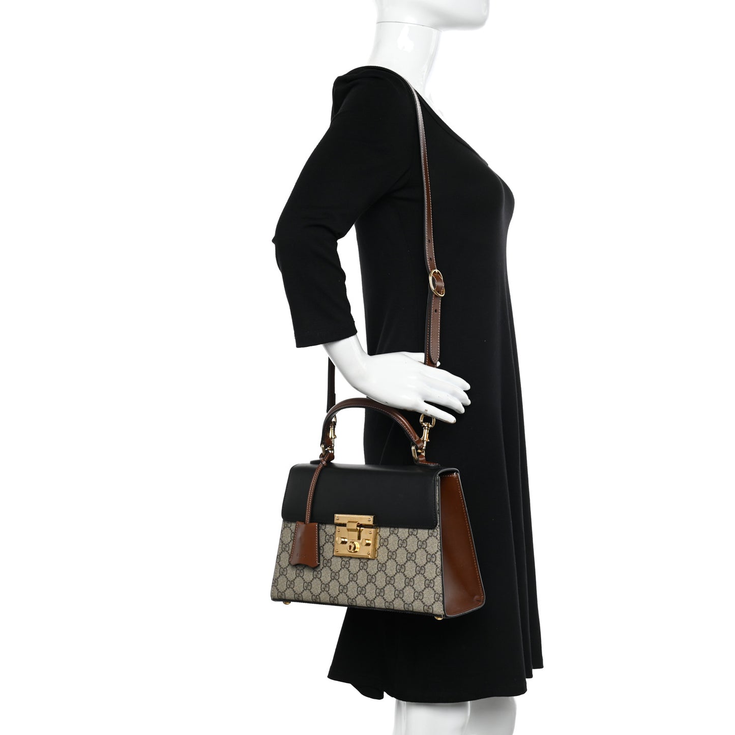 GG Supreme Monogram Calfskin Small Padlock Top Handle Bag Beige Black Cuir