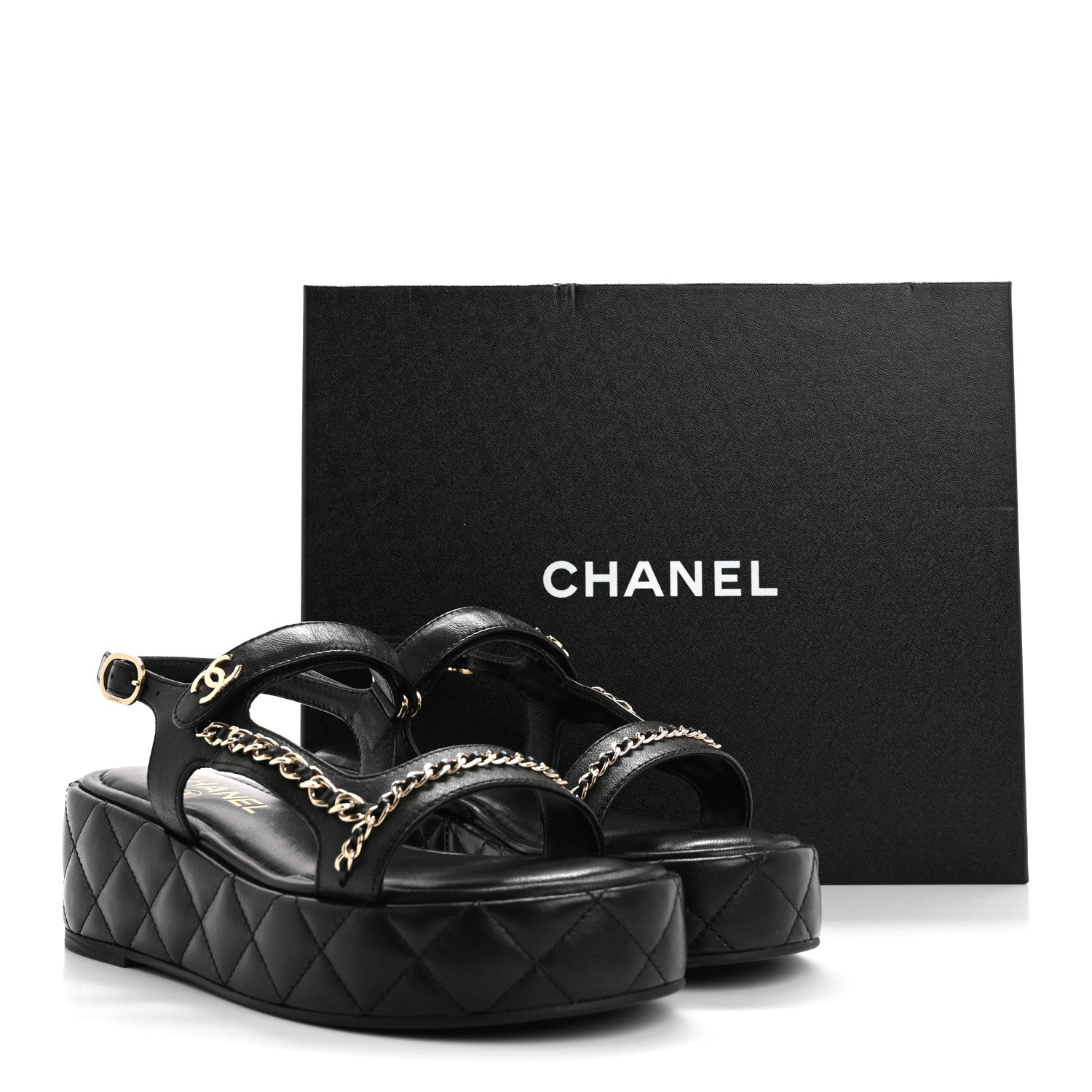 Chanel Lambskin Quilted Chain CC Platform Sandals 37.5 Black