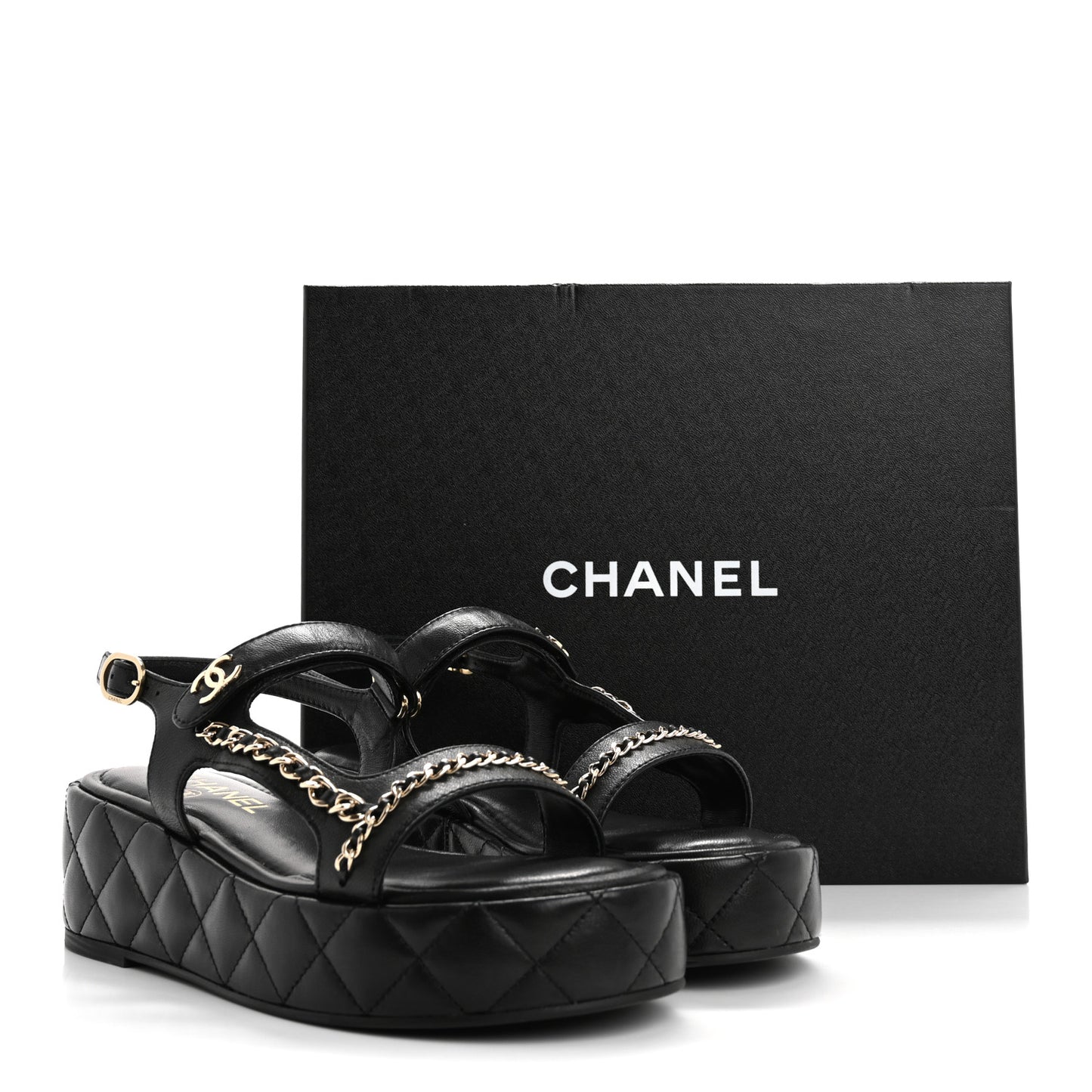 Lambskin Quilted Chain CC Platform Sandals 37.5 Black