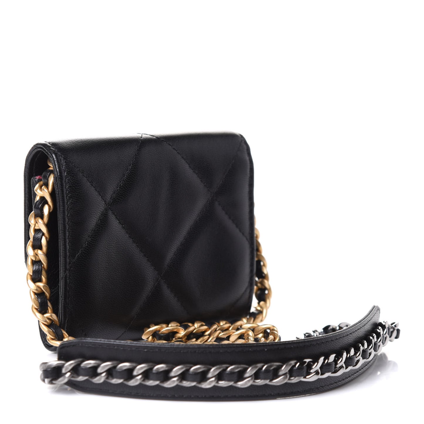 Shiny Goatskin Quilted Chanel 19 Flap Coin Purse With Chain Black