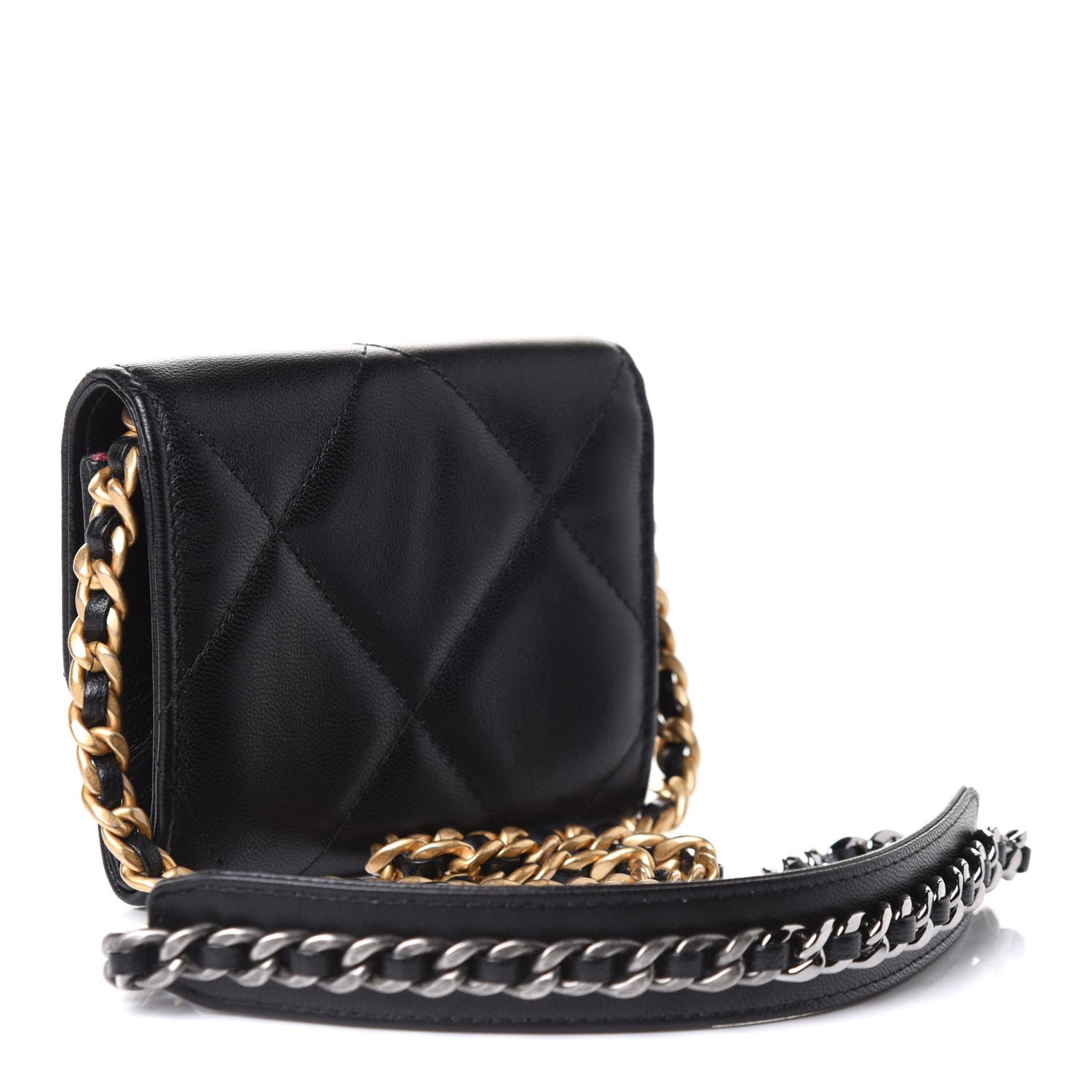 Chanel Shiny Goatskin Quilted Chanel 19 Flap Coin Purse With Chain Black 5 of 14