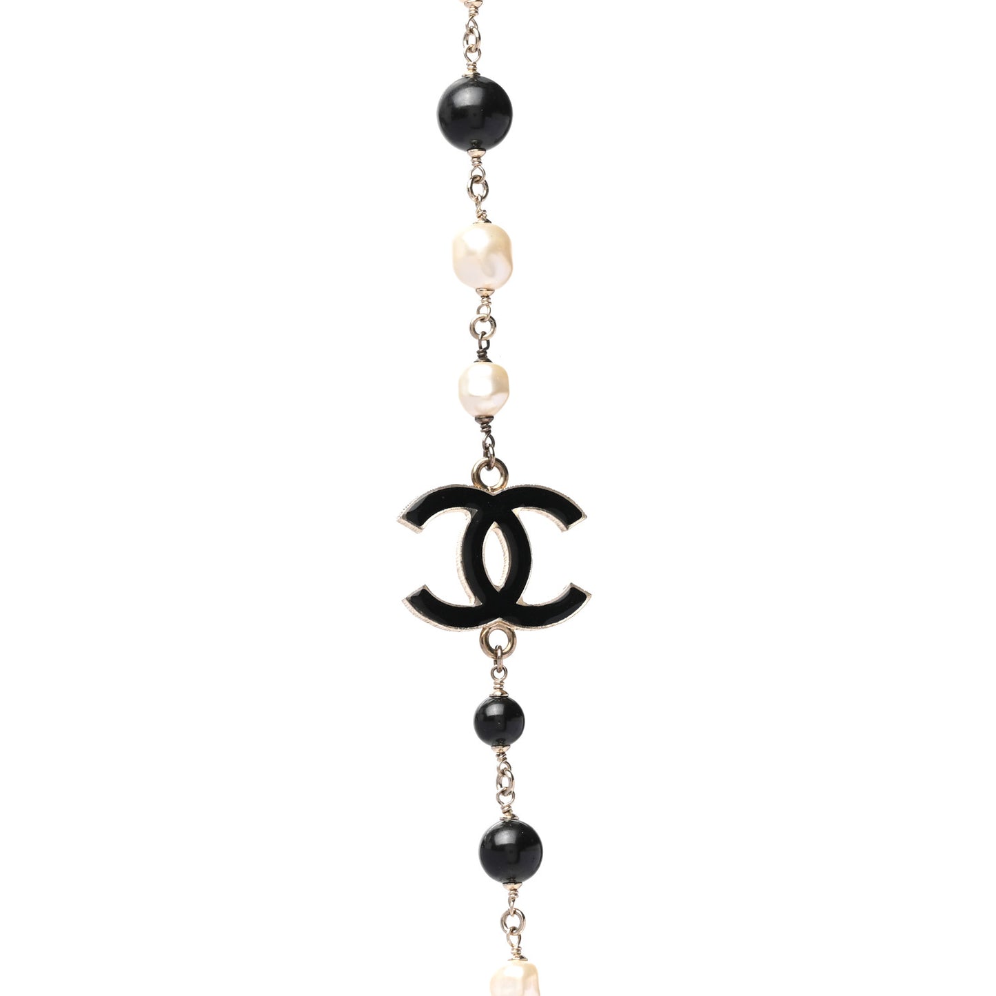 Pearl Beaded CC Long Necklace Silver Black