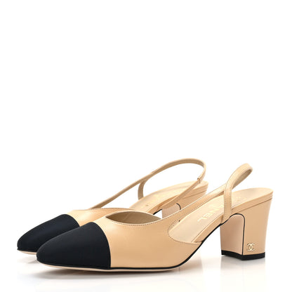 Chanel Goatskin Grosgrain Cap Toe CC Slingback Pumps 40 Beige Black 3 of 7