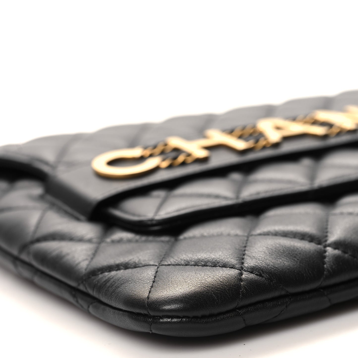 Calfskin Quilted Front Logo Enchained Clutch Black