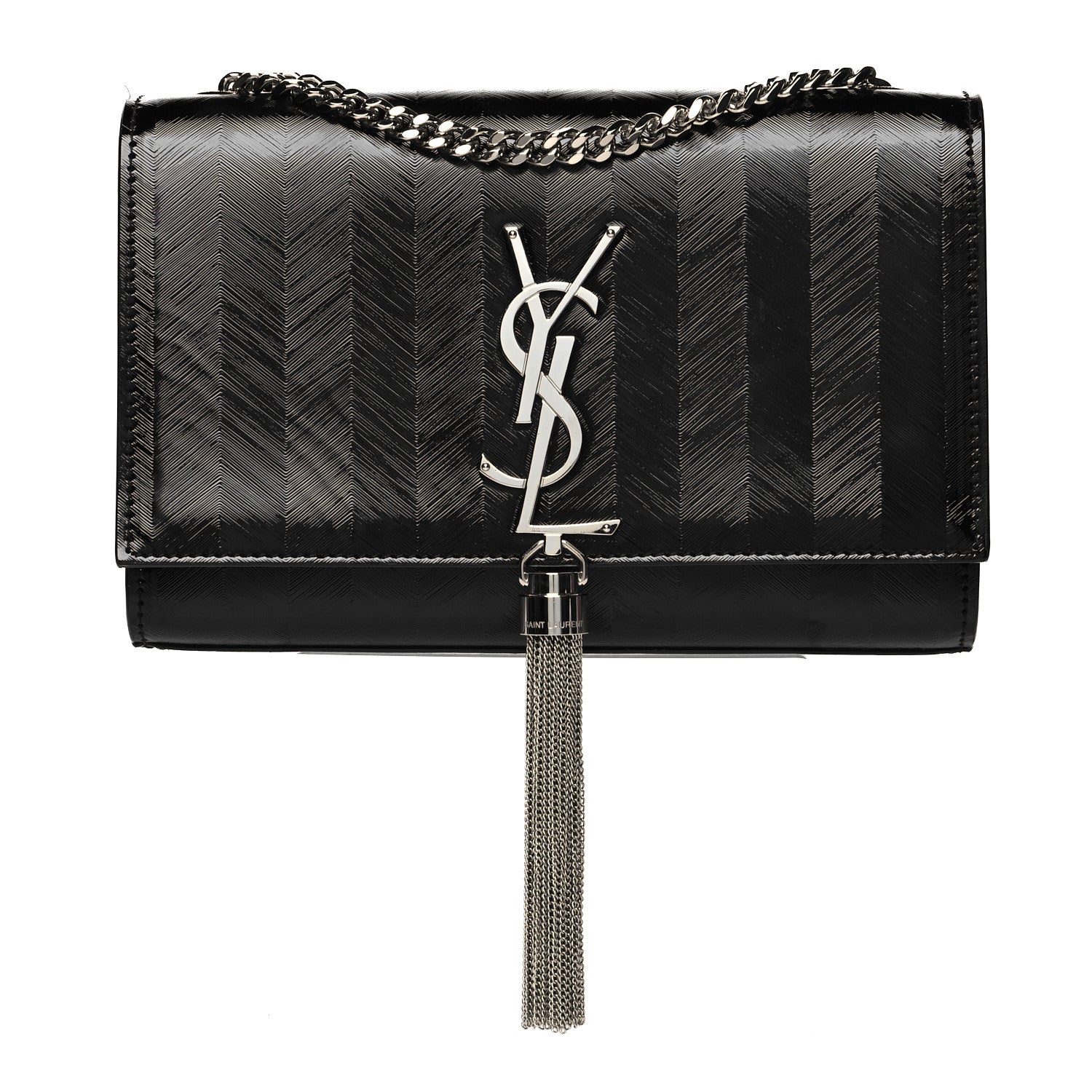 Saint Laurent Patent Textured Striped Small Classic Monogram Kate Tassel Satchel Black 1 of 10