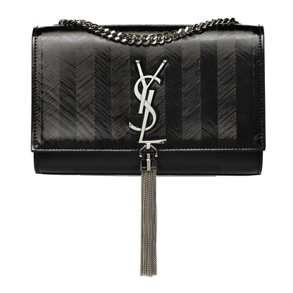 Saint Laurent Patent Textured Striped Small Classic Monogram Kate Tassel Satchel Black 1 of 10