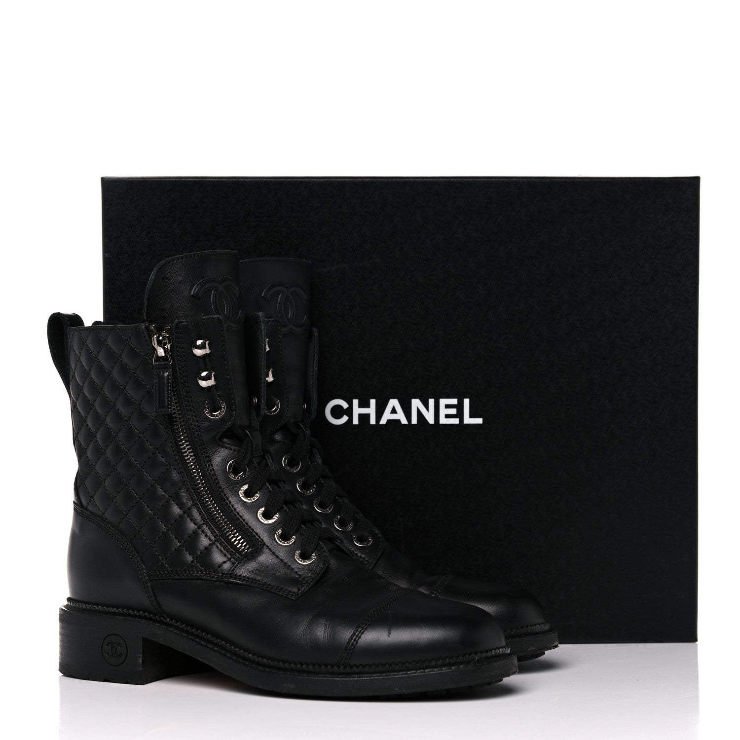 Chanel Calfskin Quilted Lace Up Combat Boots 40 Black 8 of 8