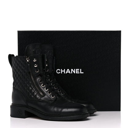 Chanel Calfskin Quilted Lace Up Combat Boots 40 Black 8 of 8
