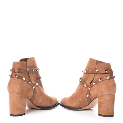 Valentino Garavani Suede Rockstud Double Buckle 70mm Block Heel Ankle Boots 38.5 Tobacco 6 of 12