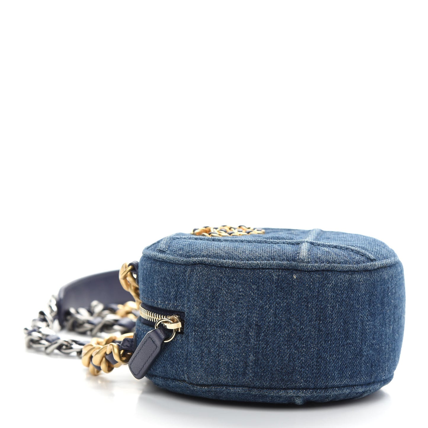 Denim Quilted Chanel 19 Round Clutch With Chain Blue