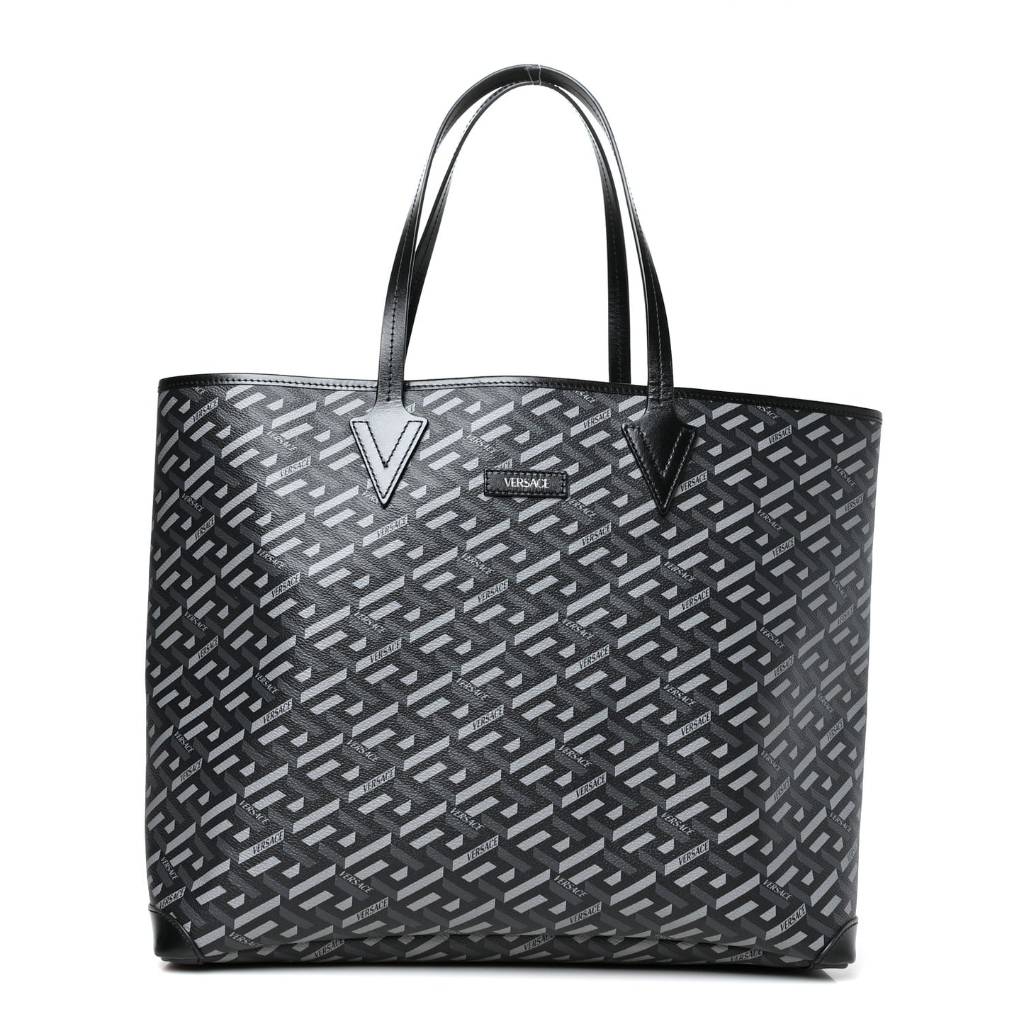 Coated Canvas Calfskin La Greca Signature Shopper Tote Bag Black Grey