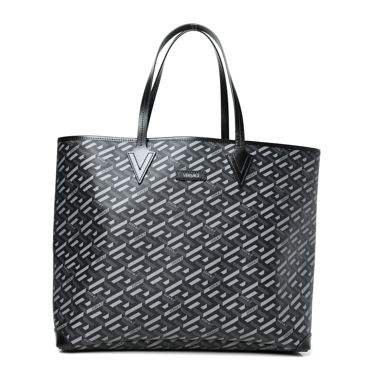 Versace Coated Canvas Calfskin La Greca Signature Shopper Tote Bag Black Grey 2 of 10