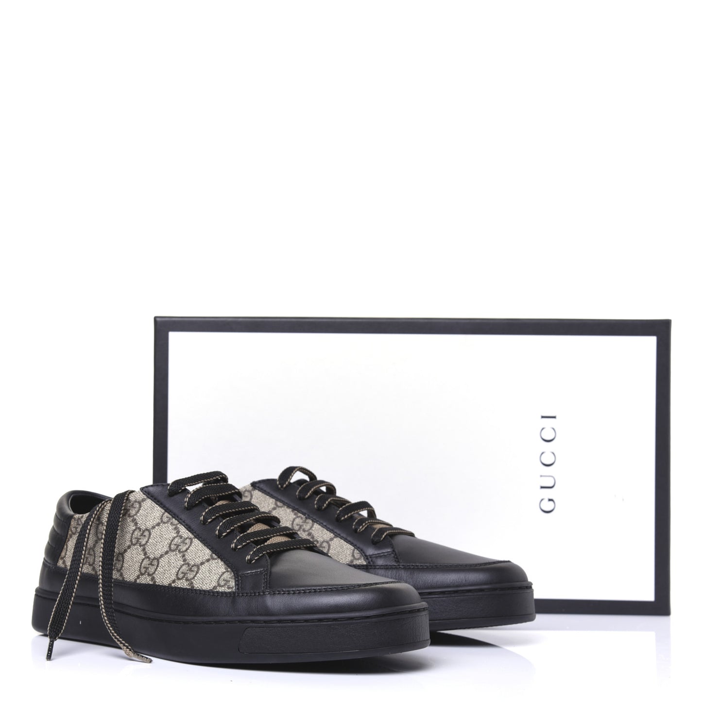 GG Supreme Monogram Mens Low Top Sneakers 8 Black Beige Ebony