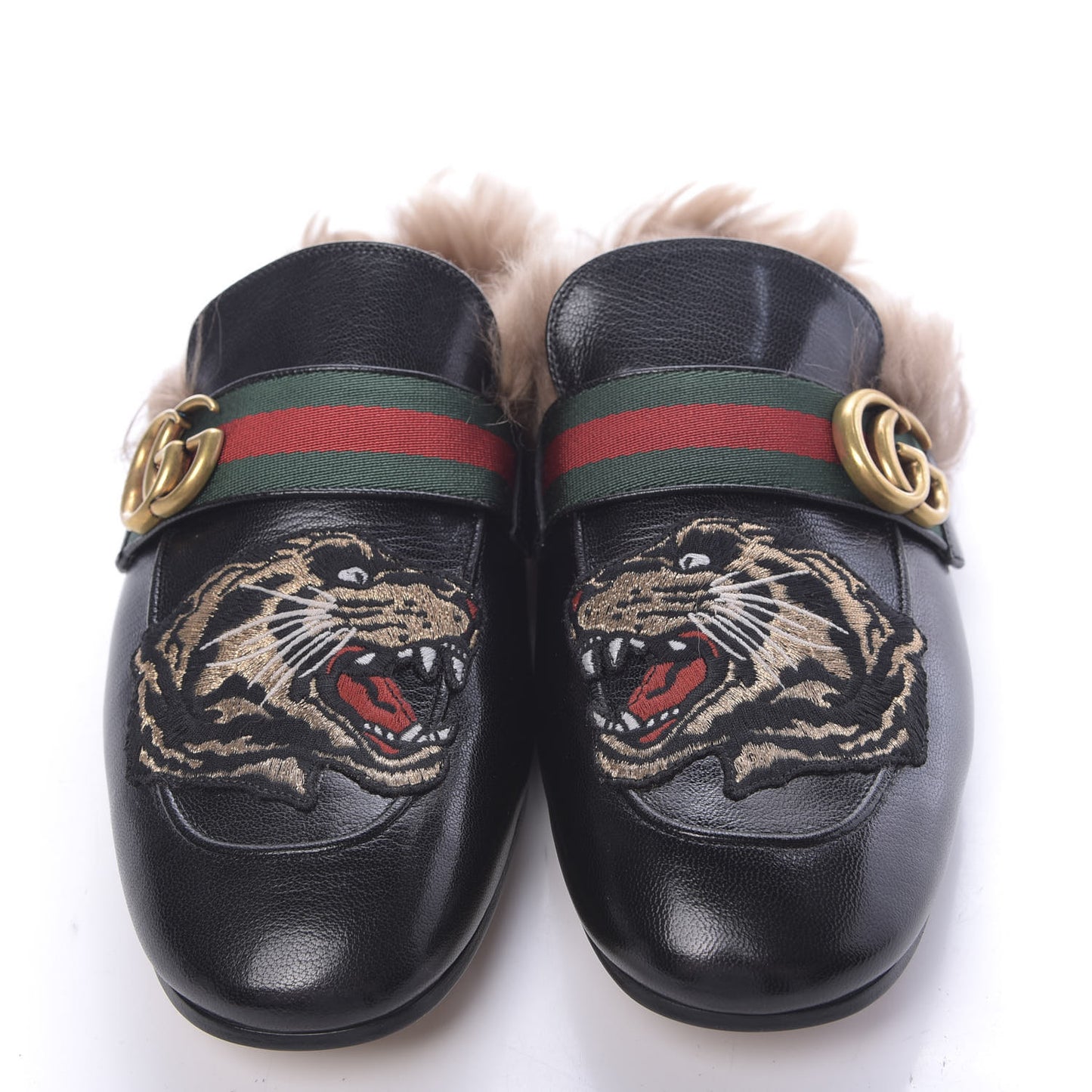 Goatskin Fur Web GG Tiger Embroidered Mens Princetown Slippers 8 Black