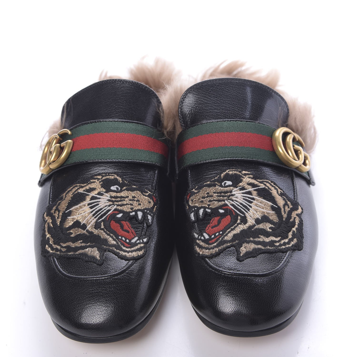 Gucci Goatskin Fur Web GG Tiger Embroidered Mens Princetown Slippers 8 Black 5 of 9