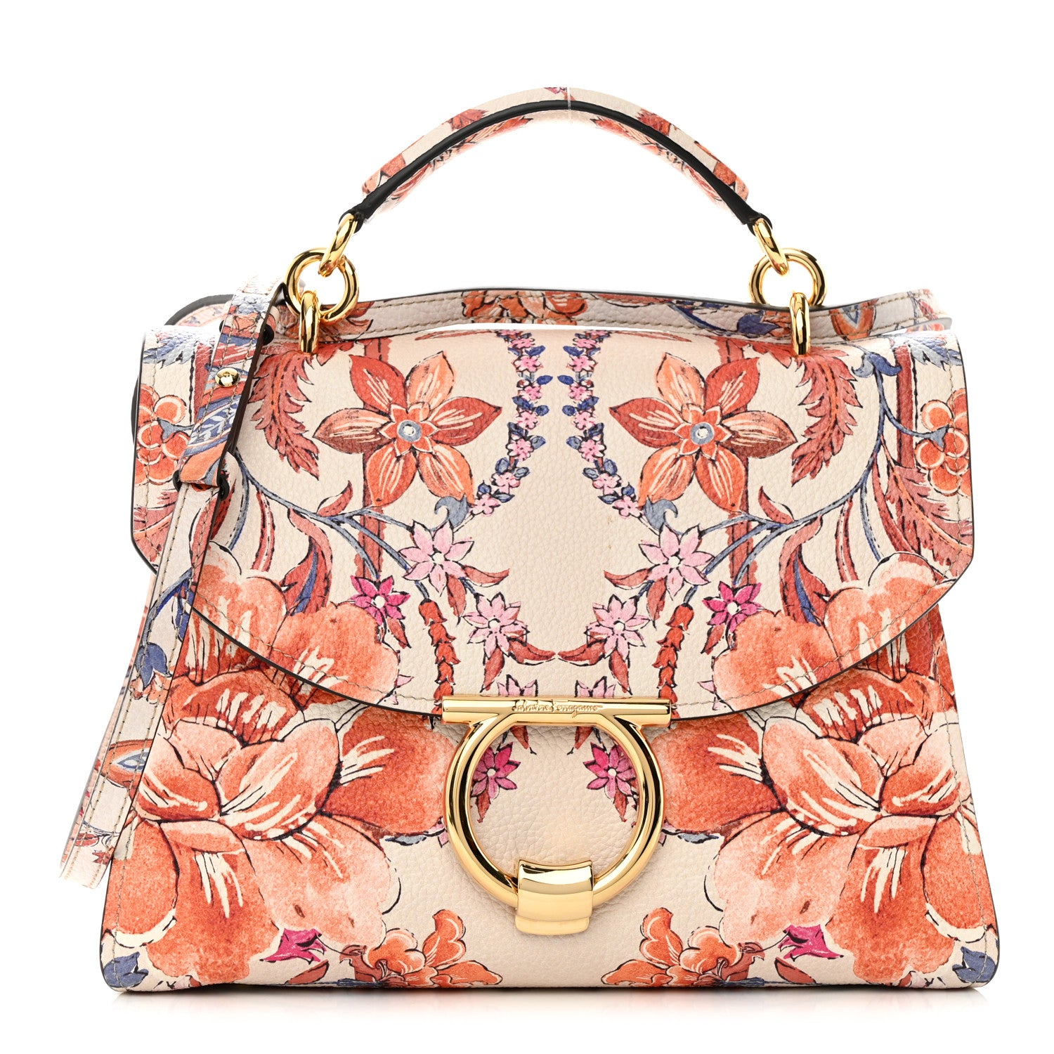 Salvatore Ferragamo Calfskin Fiori Print Margot Top Handle Satchel New White 1 of 8