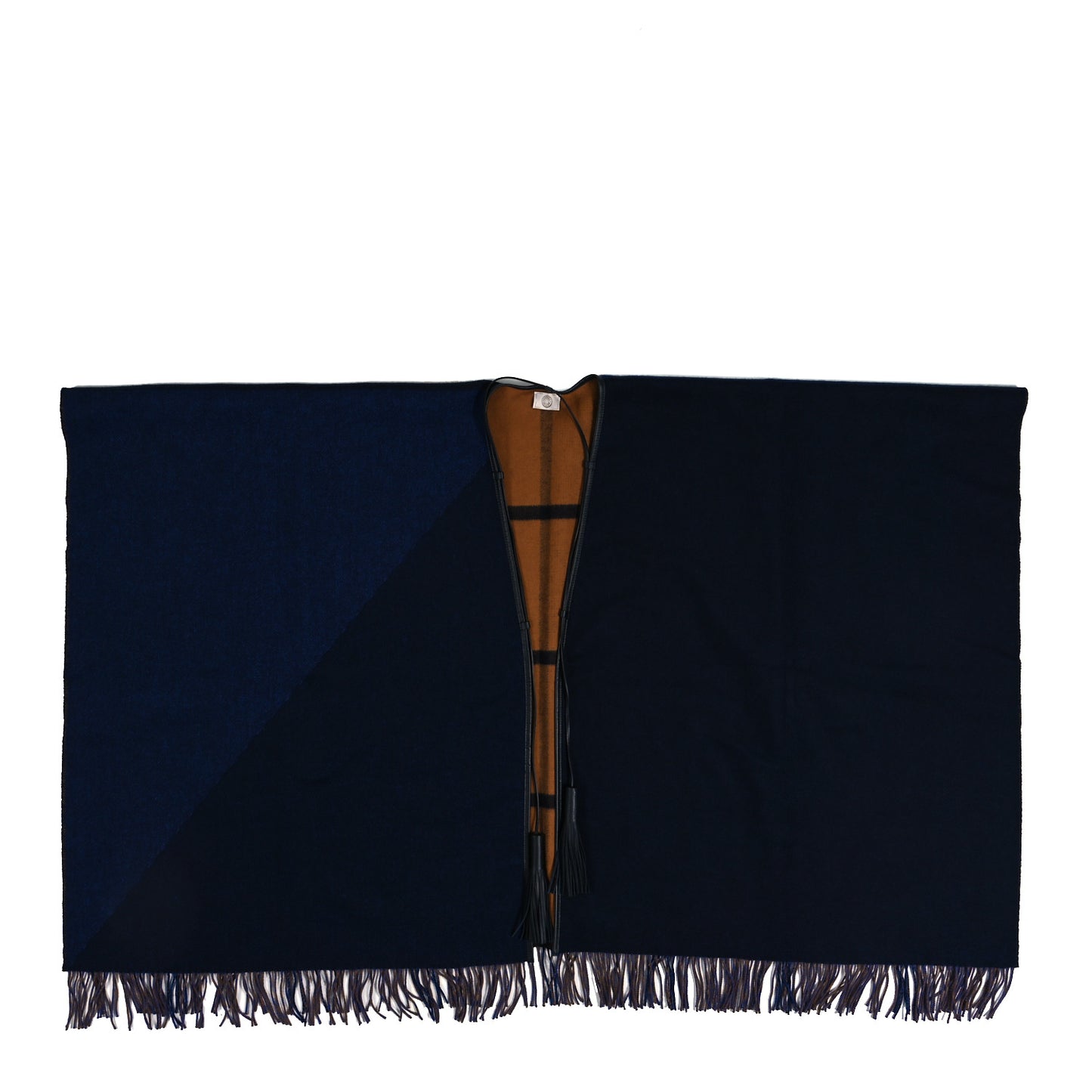 Wool Calfskin Reversible Highlands Poncho Navy Royal Fauve