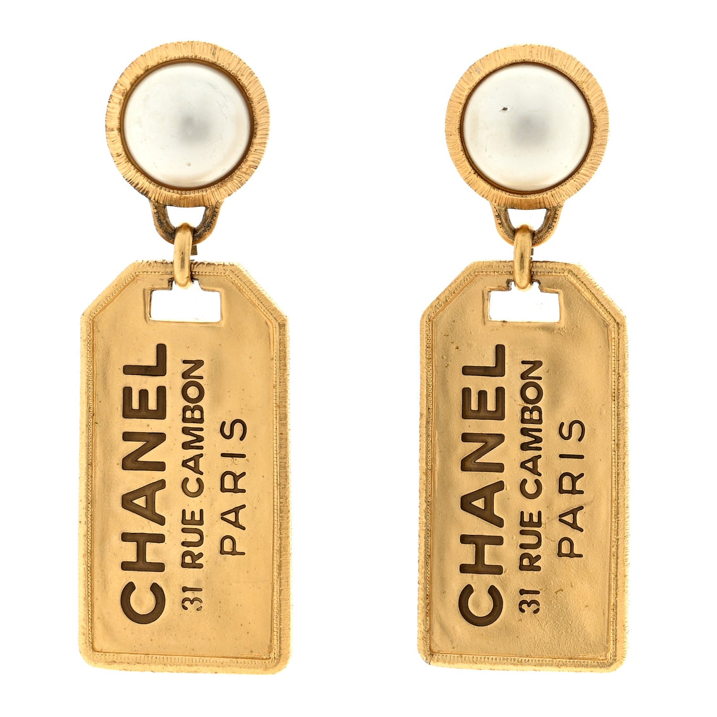 Pearl CC Tags Drop Earrings Gold