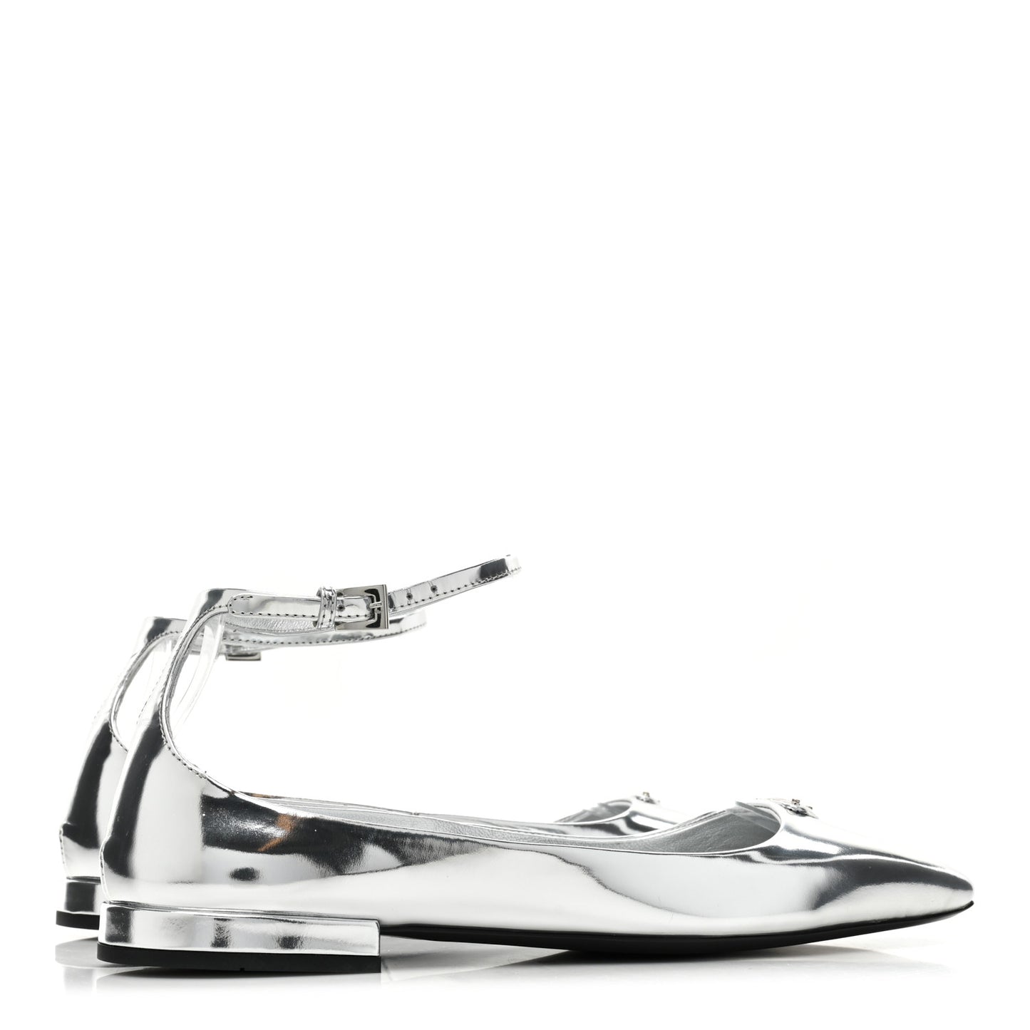 Metallic Calfskin Metal Triangle Logo Ankle Strap Ballerinas 36.5 Silver