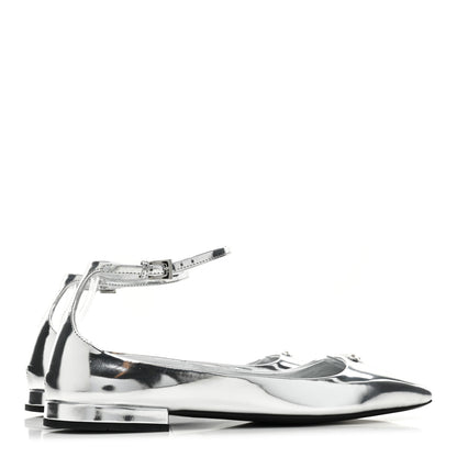 Prada Metallic Calfskin Metal Triangle Logo Ankle Strap Ballerinas 36.5 Silver 4 of 10