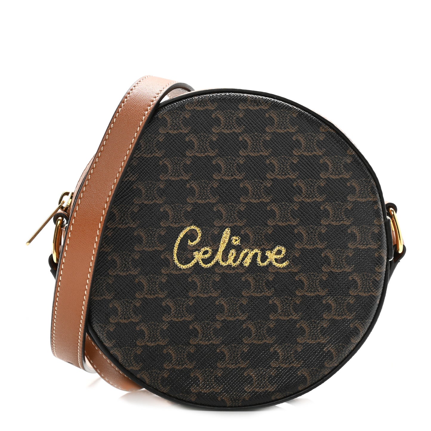 Triomphe Canvas Embroidered Logo Round Purse On Strap Black Tan