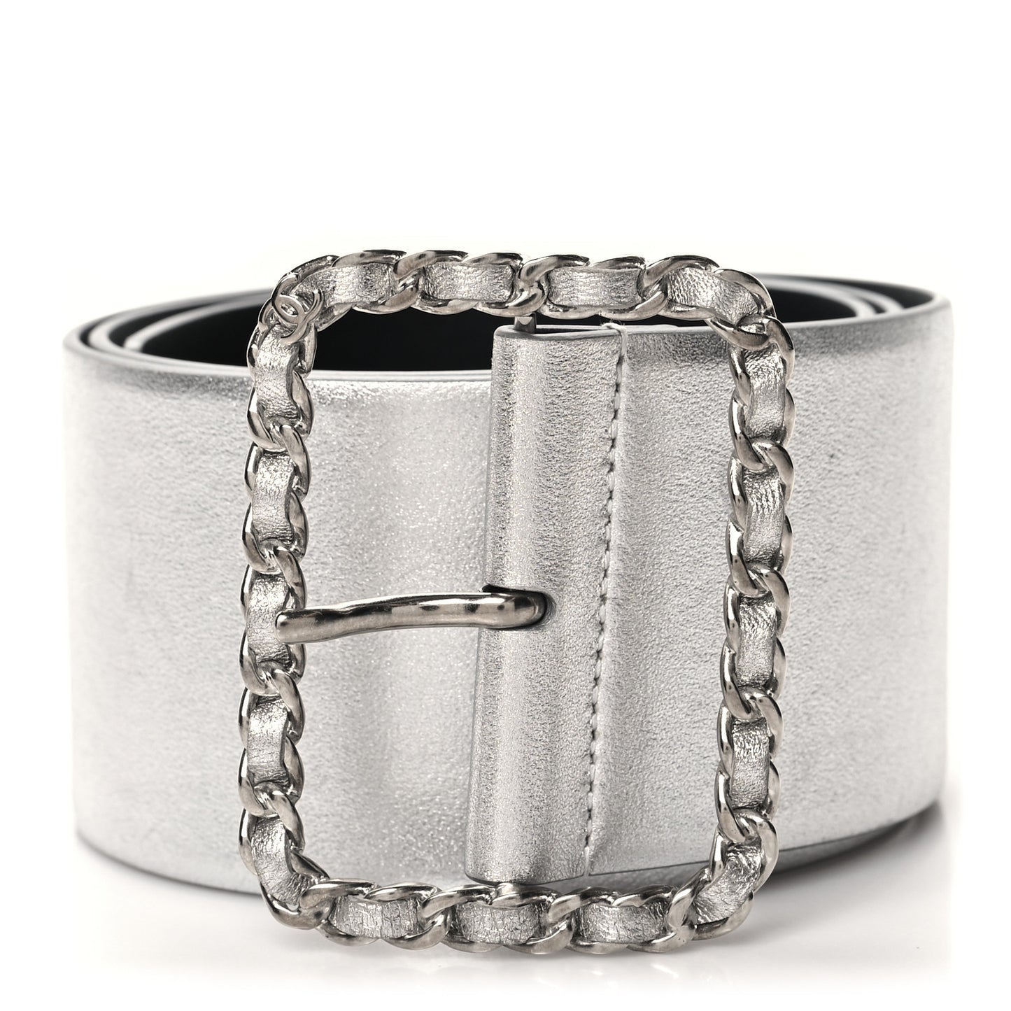 Metallic Calfskin Metal Chain Wide Belt 75 30 Silver