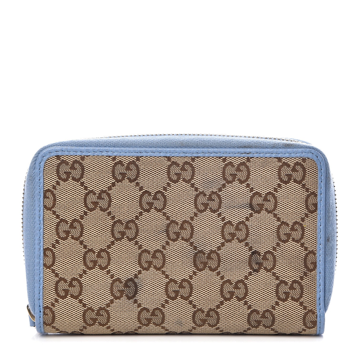 Gucci Monogram Dollar Calfskin Zip Around Compact Wallet Beige Ebony Mineral Blue 1 of 13