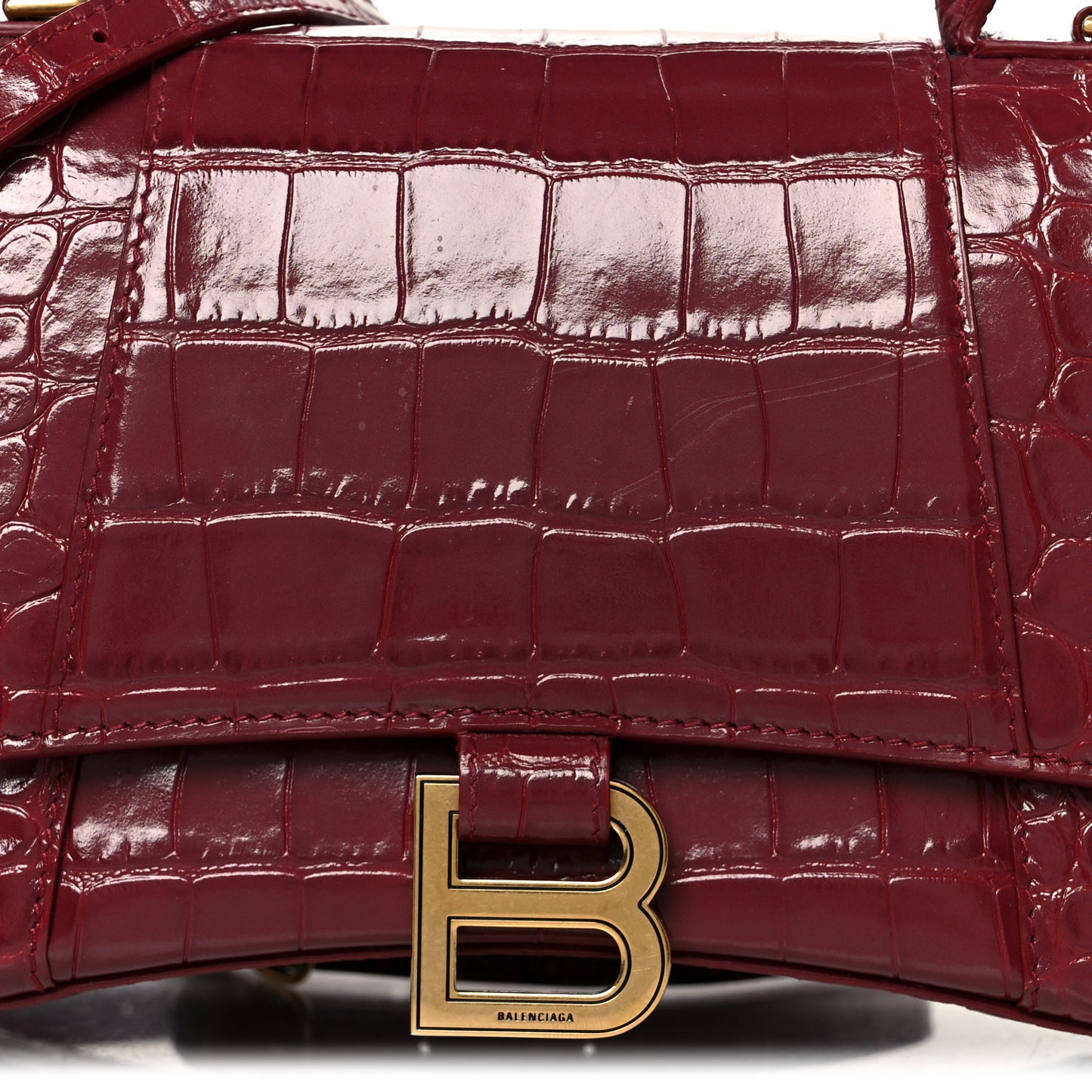 Shiny Calfskin Crocodile Embossed Small Hourglass Top Handle Bag Dark Red