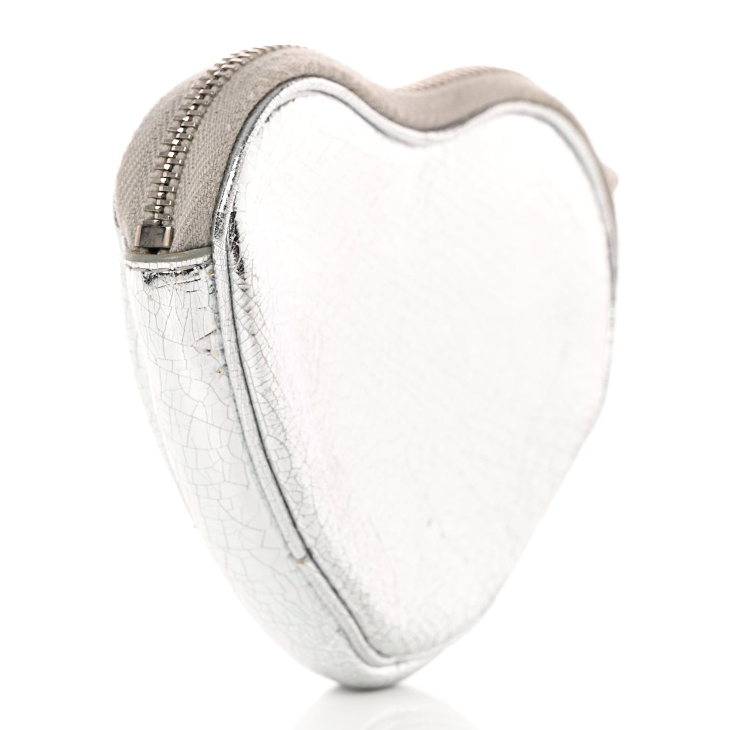 Metallic Cracked Calfskin Monogram Heart Key Pouch Silver