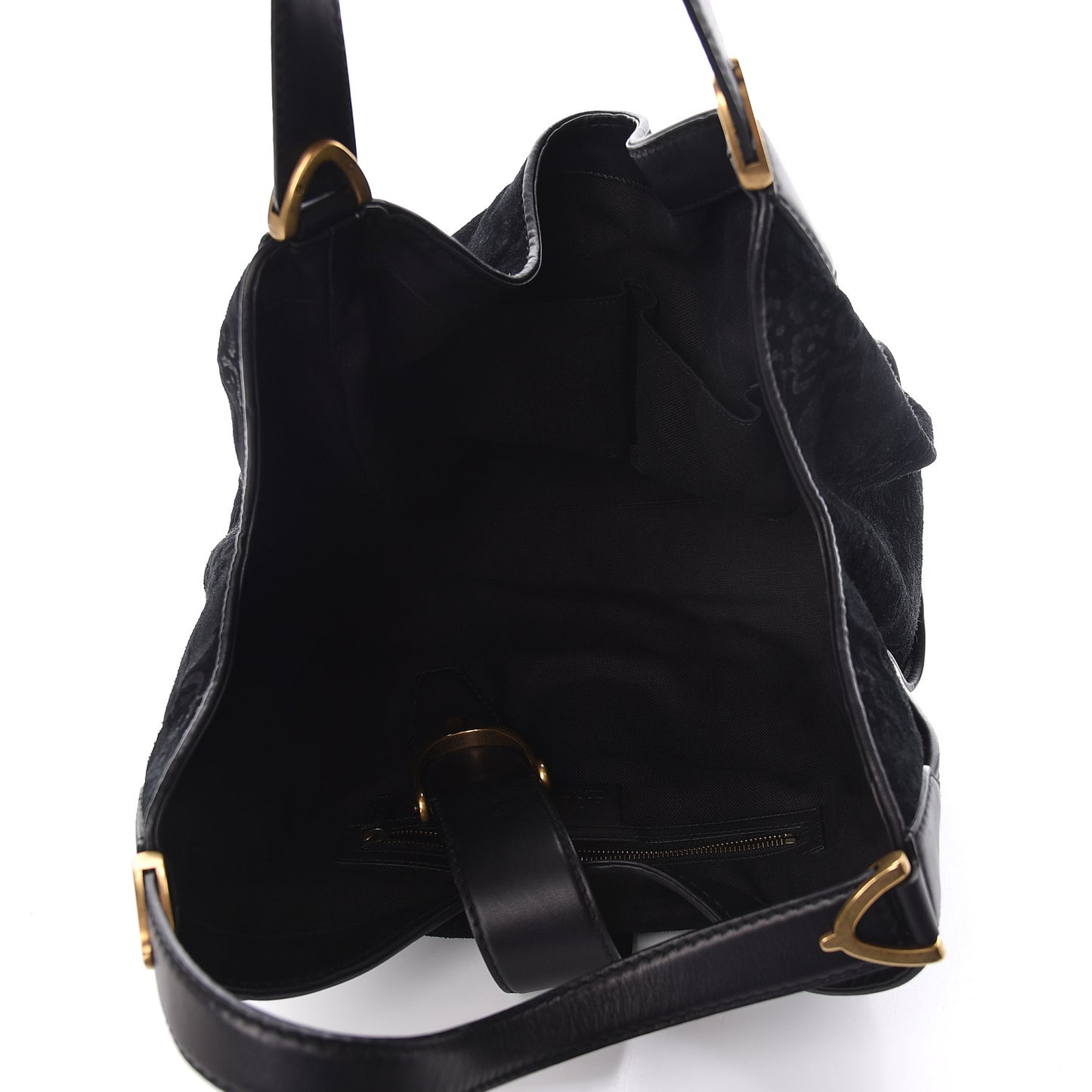 Nubuck Brocade Medium Soft Stirrup Shoulder Bag Black