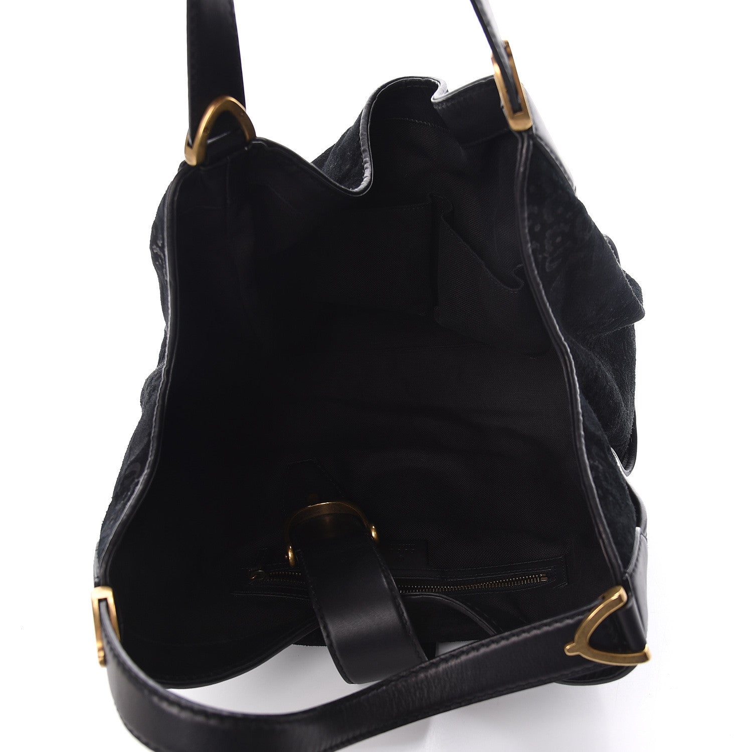 Gucci Nubuck Brocade Medium Soft Stirrup Shoulder Bag Black 7 of 10