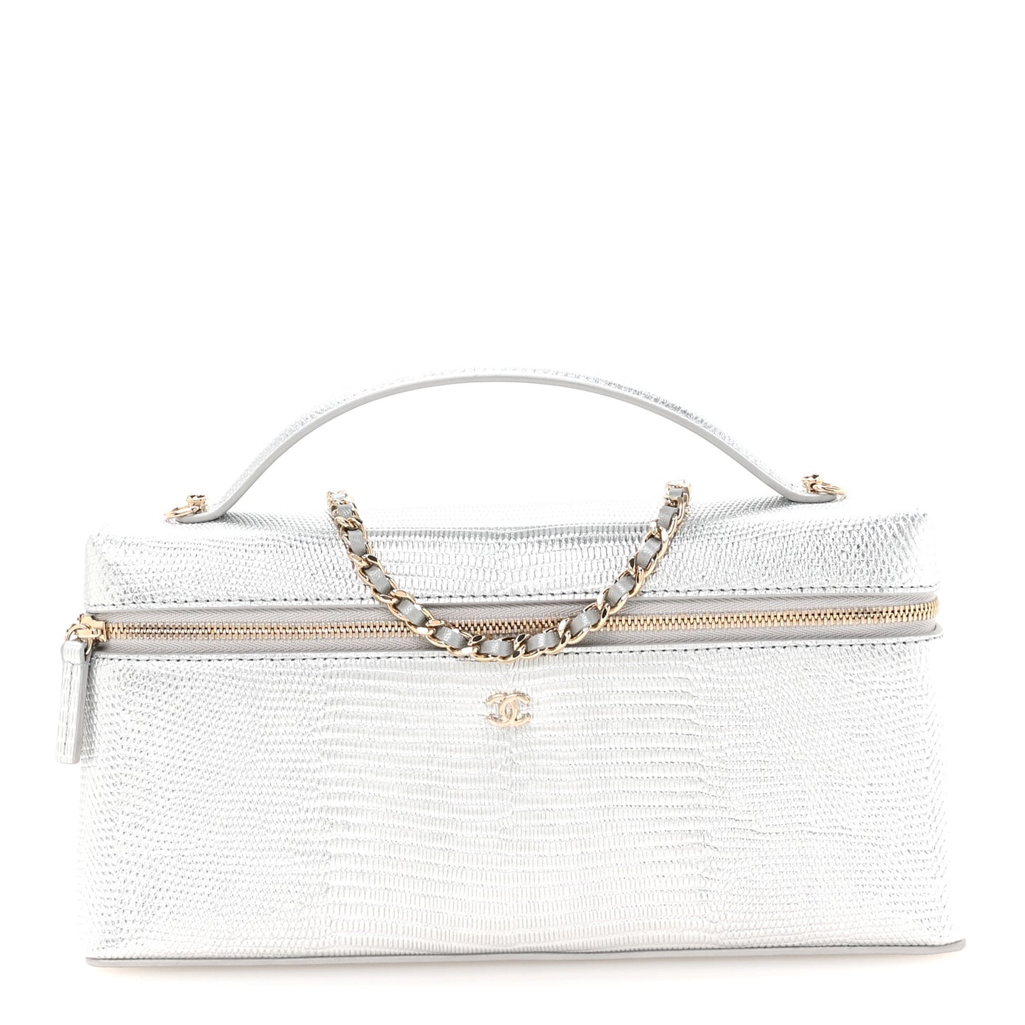 Lizard Embossed Calfskin Top Handle Slim Vanity With Chain Silvery