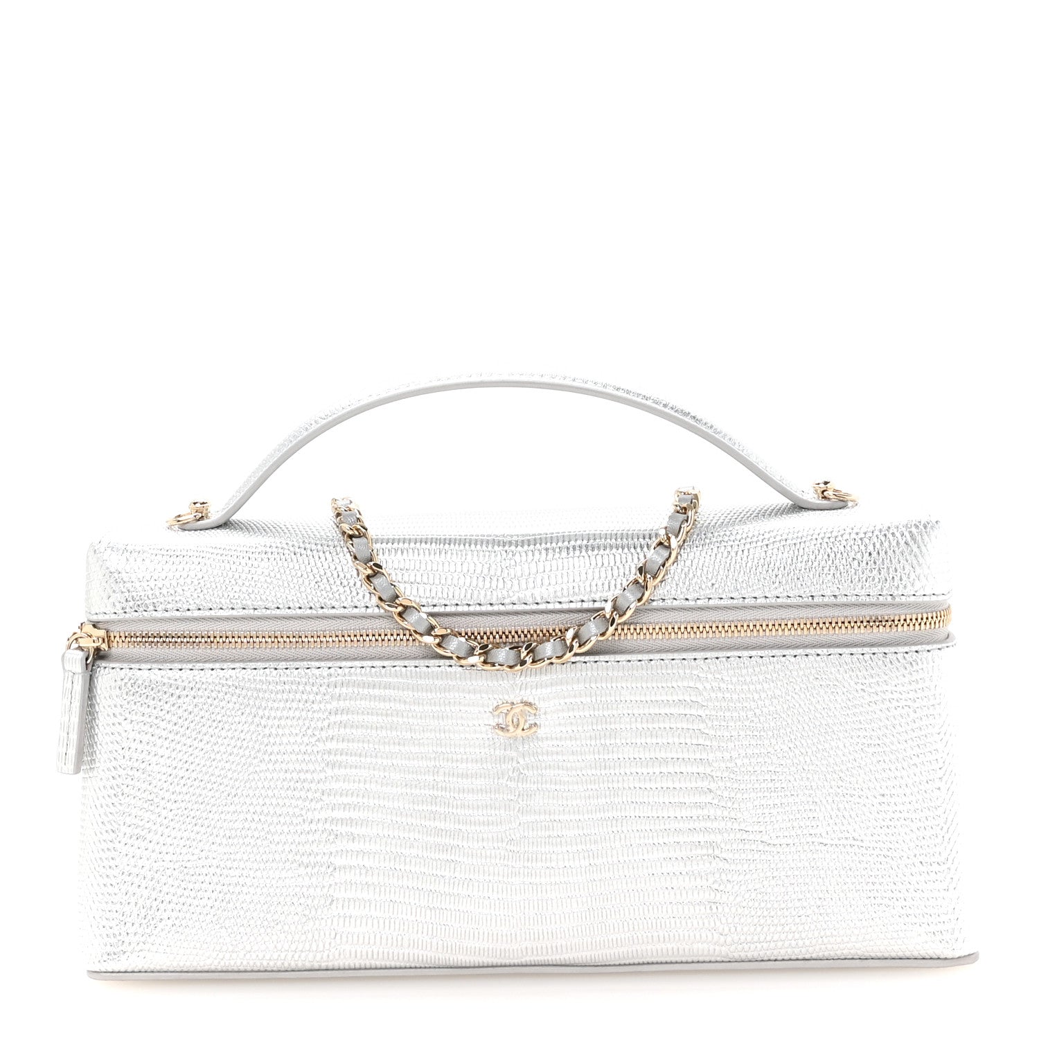 Chanel Lizard Embossed Calfskin Top Handle Slim Vanity With Chain Silvery 1 of 10