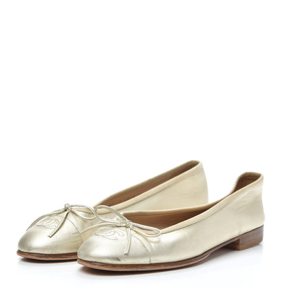 Chanel Metallic Lambskin CC Cap Toe Ballerina Flats 37.5 Light Gold 3 of 9