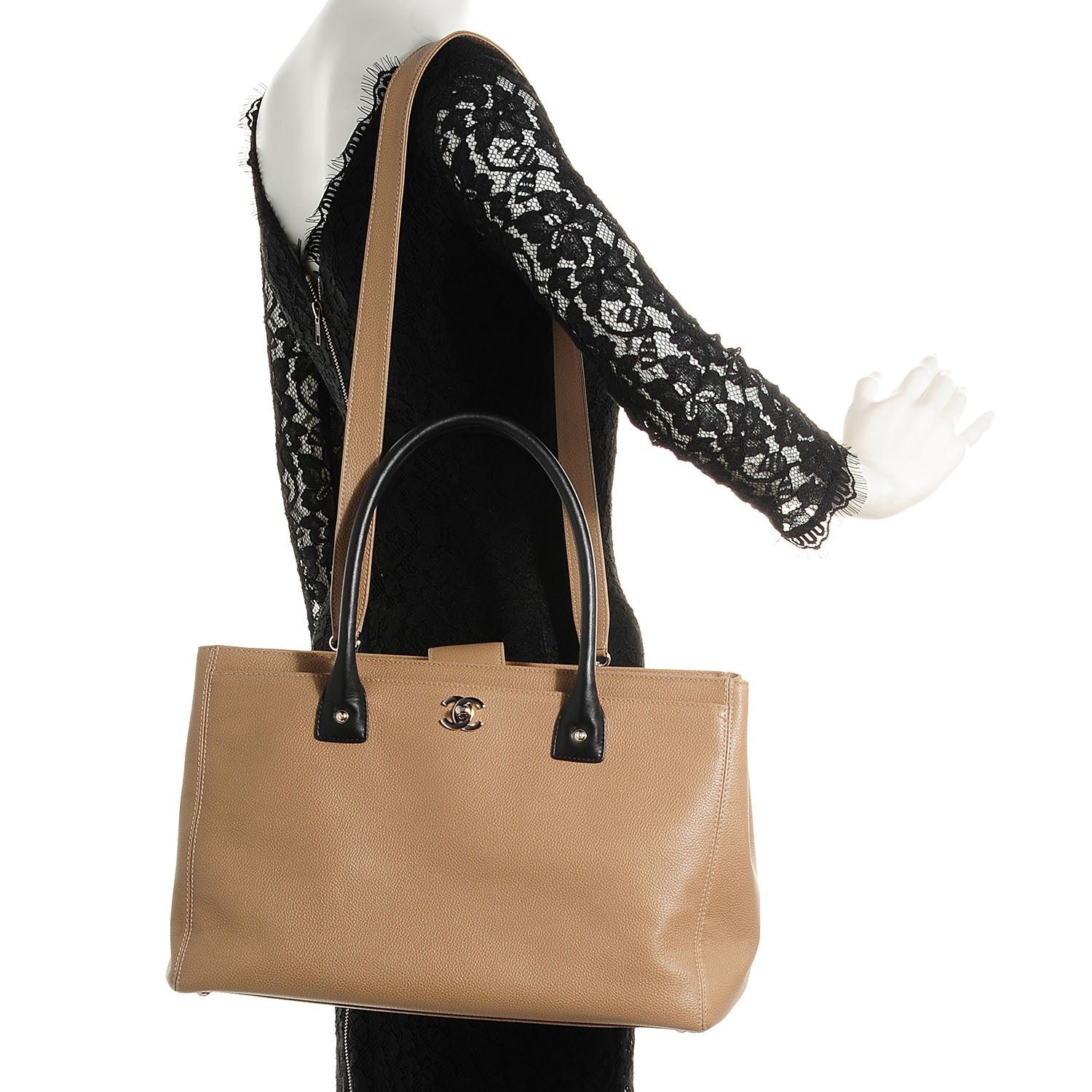 Chanel Calfskin Cerf Executive Shopper Tote Beige Black 2 of 8