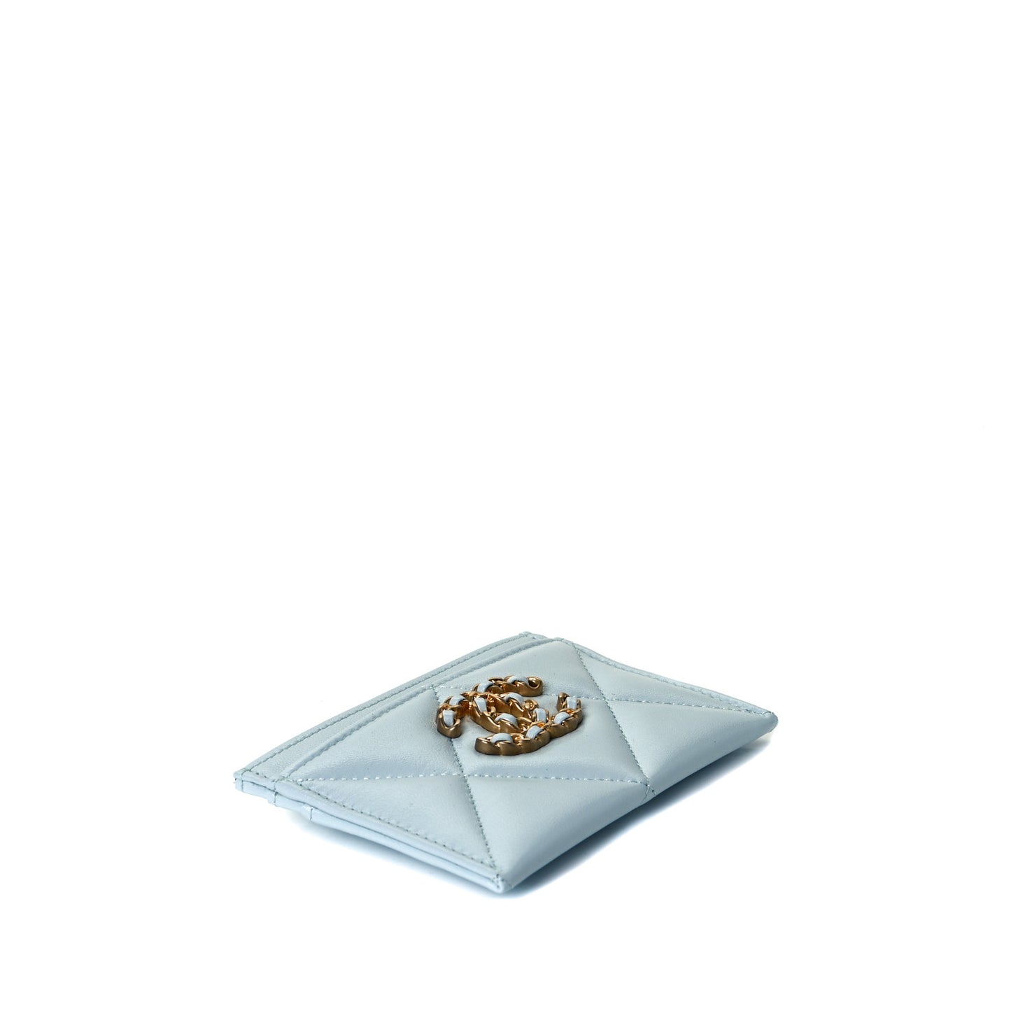 Lambskin Quilted Chanel 19 Card Holder Light Blue