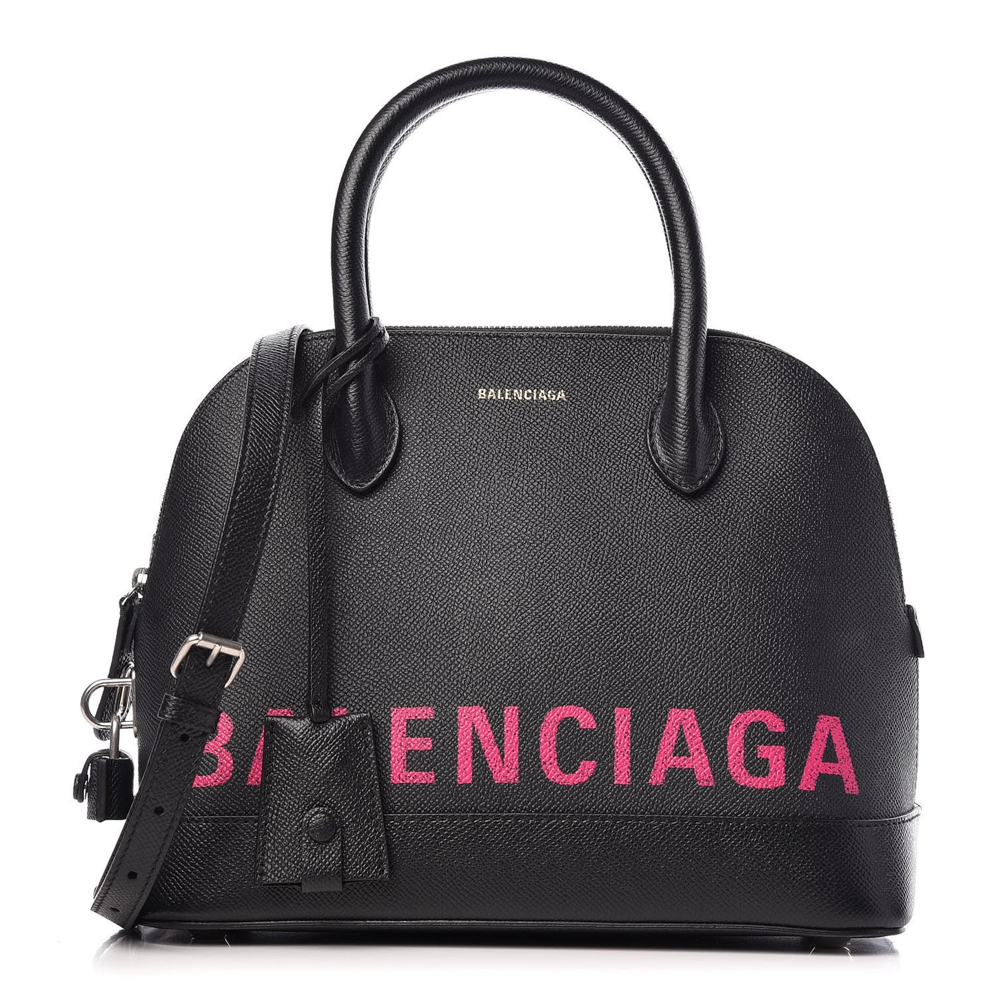 Signature Grained Calfskin Logo S Ville Top Handle Bag Black Rose Shocking