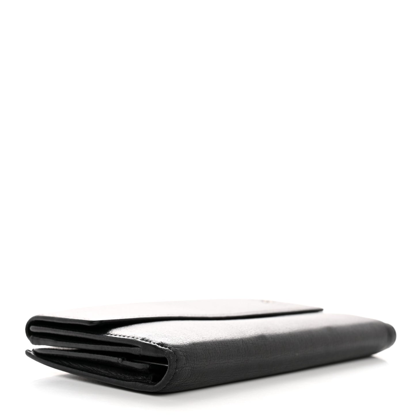 Goatskin Camellia Embossed Flap Wallet Black
