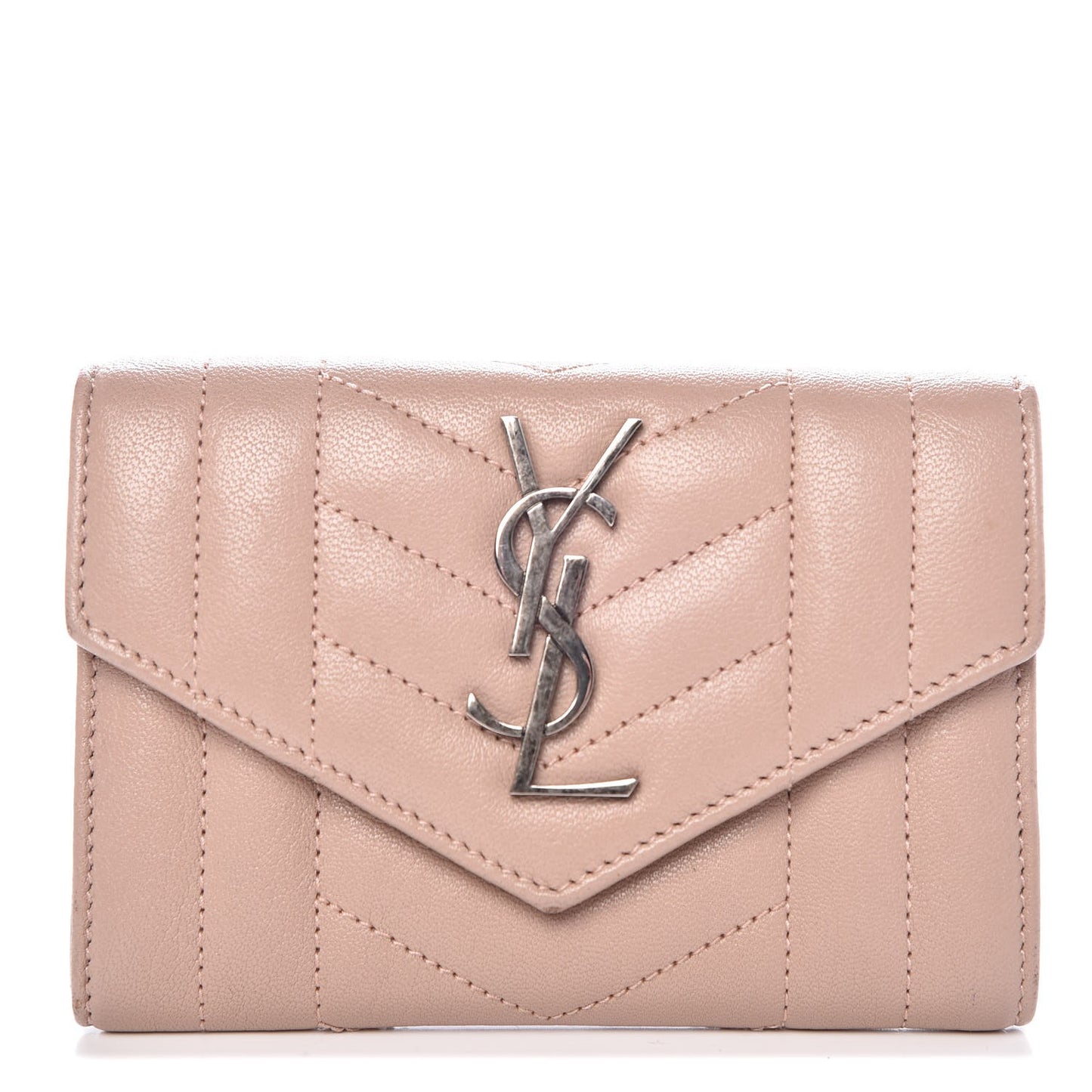Lambskin Mixed Matelasse Chevron Small Monogram Envelope Wallet Nude