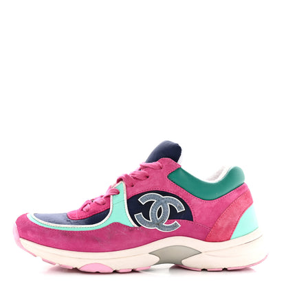 Chanel Nylon Calfskin Suede CC Sneakers 39.5 Pink Green 1 of 17