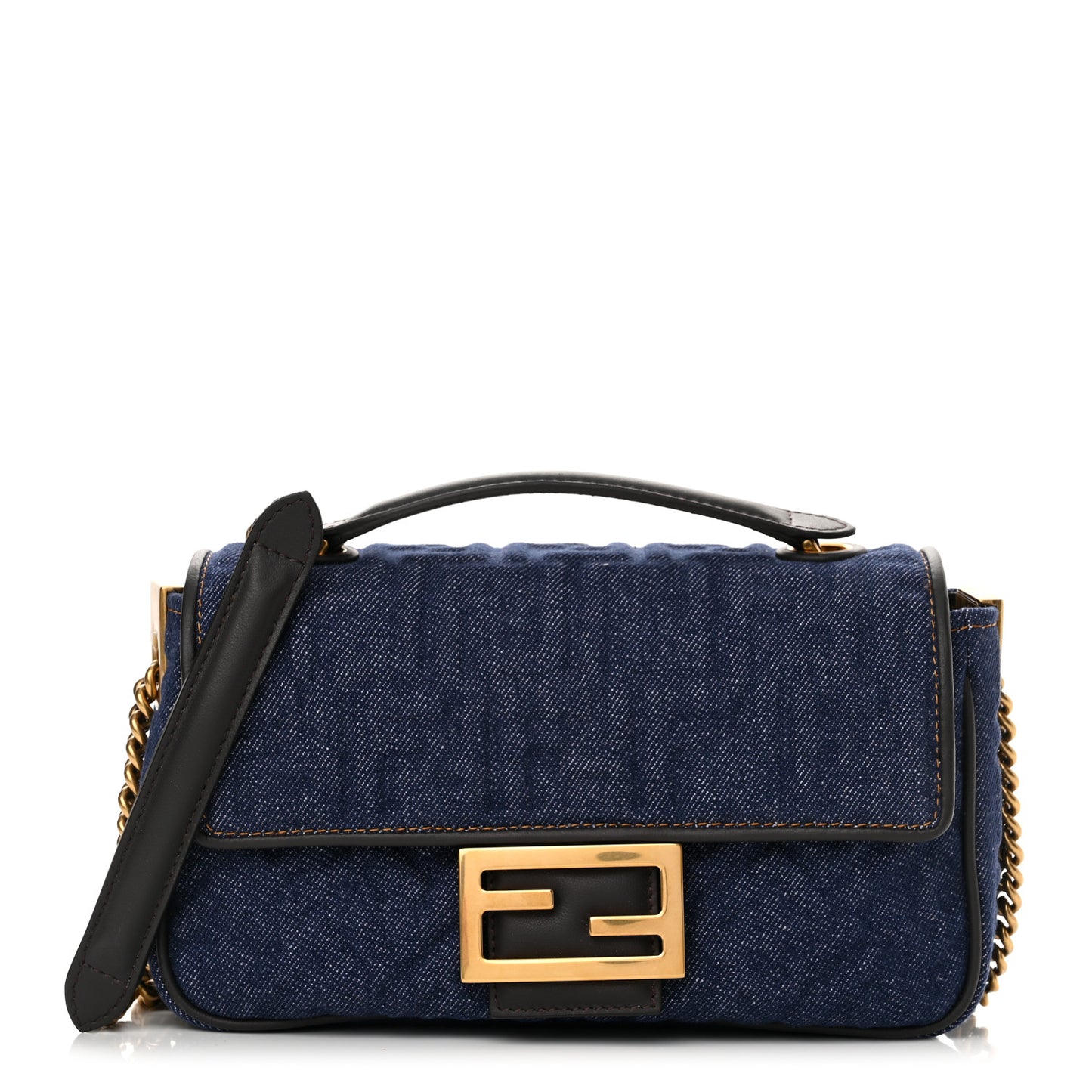 Denim Cuoio Aura FF Embossed Midi Chain Baguette Blue Ebano