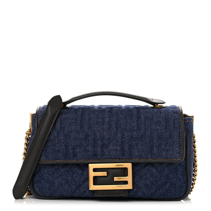 Fendi Denim Cuoio Aura FF Embossed Midi Chain Baguette Blue Ebano 1 of 10