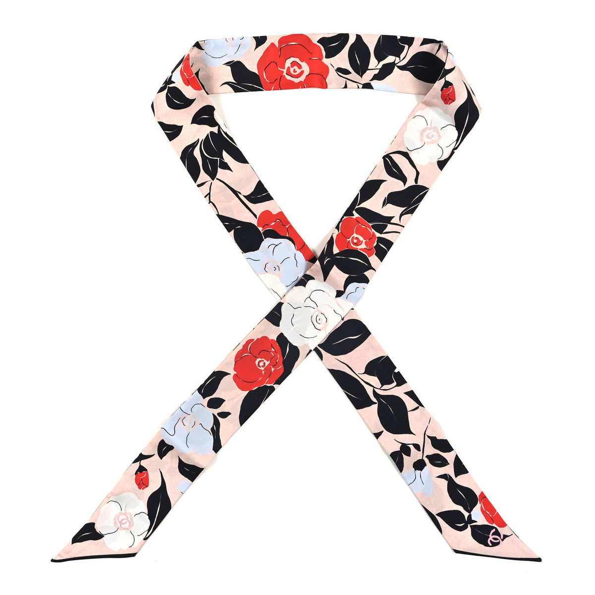 Chanel Silk Slim Camellia Bandeau Scarf Pink Red White Black 1 of 3