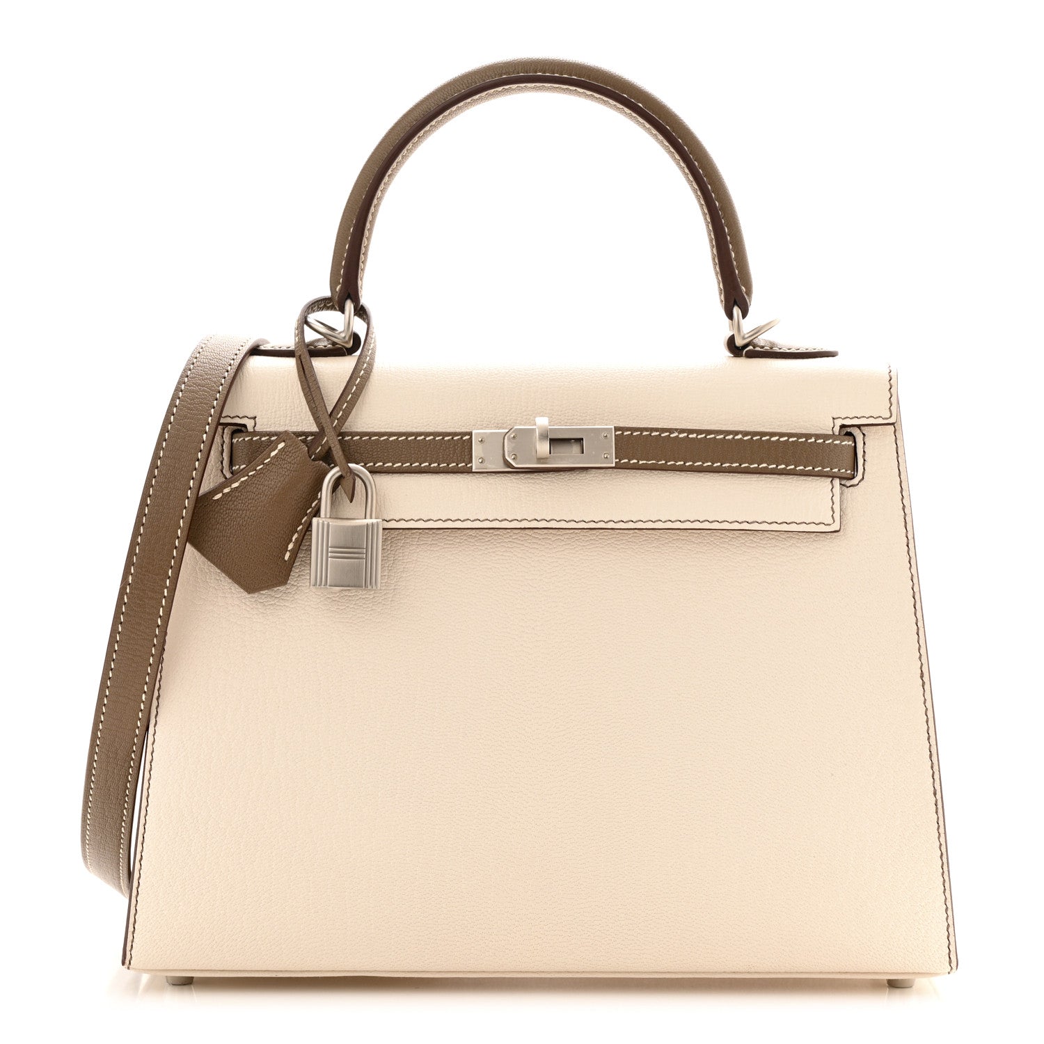 Hermes Chevre Mysore Horseshoe Kelly Sellier 25 Nata Etoupe 1 of 11