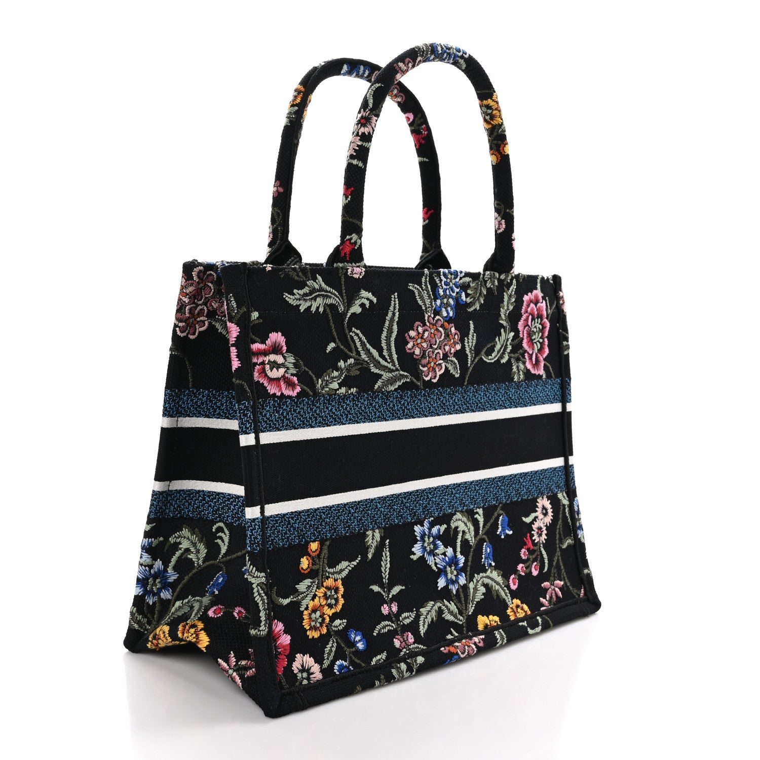 Christian Dior Raffia Embroidered Petites Fleurs Medium Book Tote Navy Blue Multicolor 3 of 10