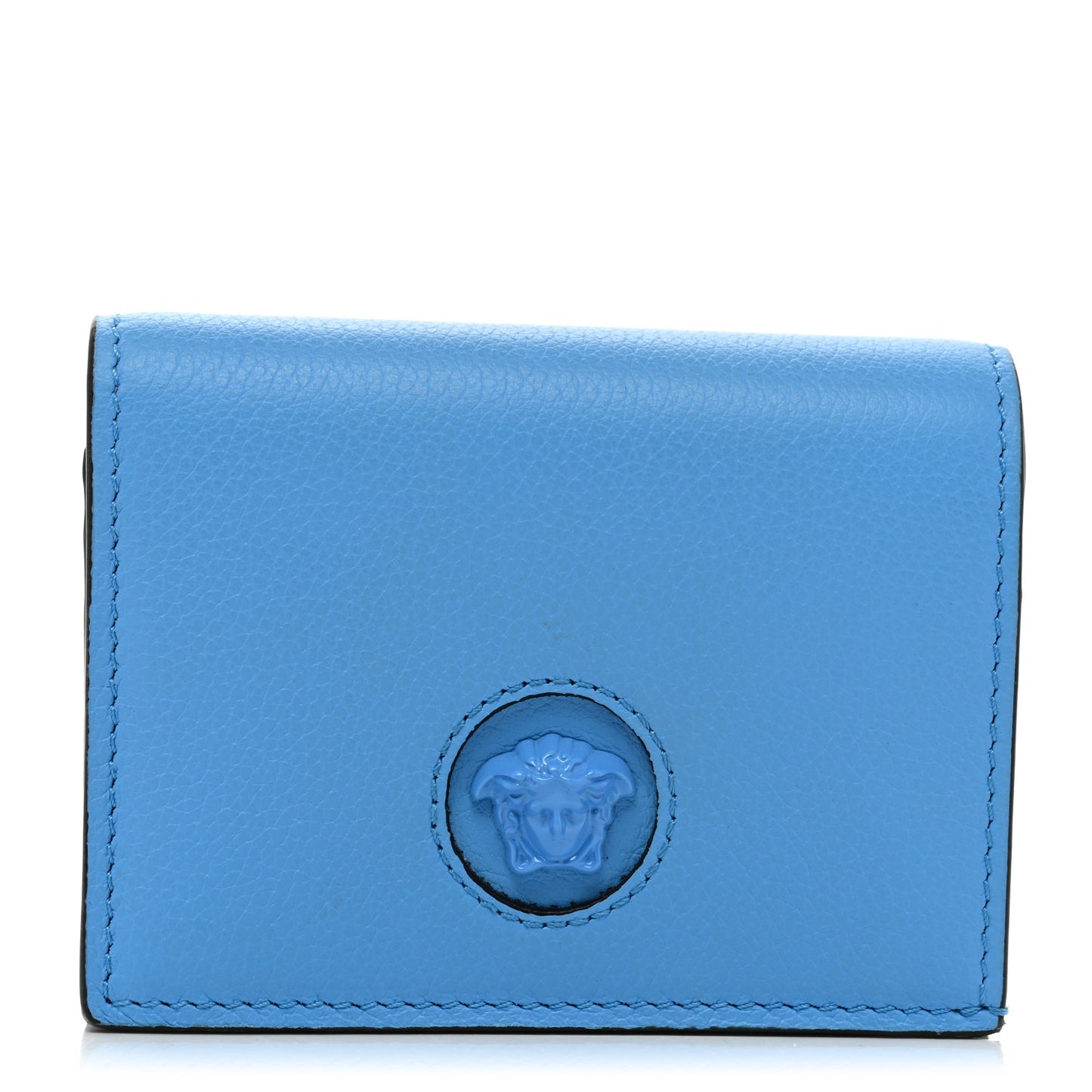 Grained Calfskin Medusa Card Holder Wallet Light Blue Purple