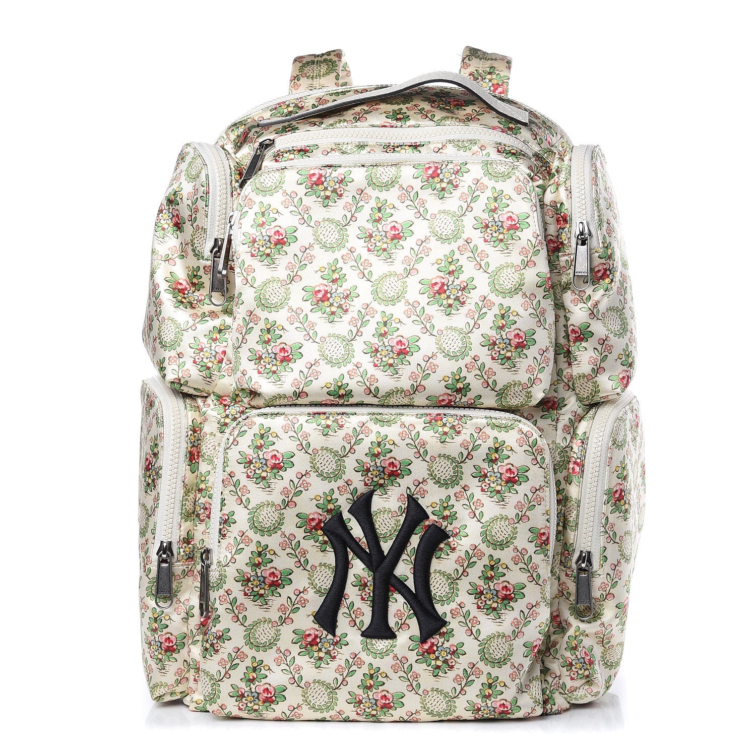 Gucci X MLB Satin Floral Print NY Yankees Patch Backpack Ivory Green 1 of 11