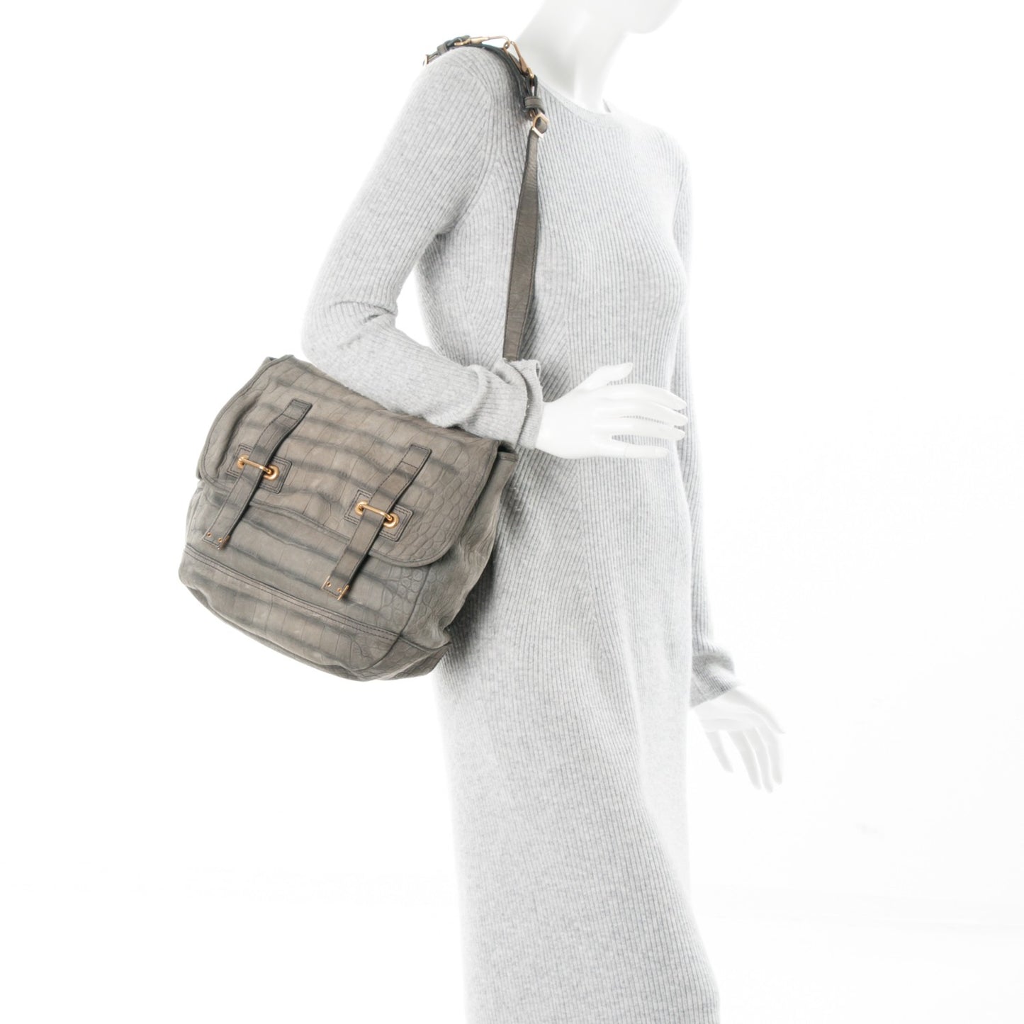 Crocodile Embossed Nubuck Besace Shoulder Bag Anthracite